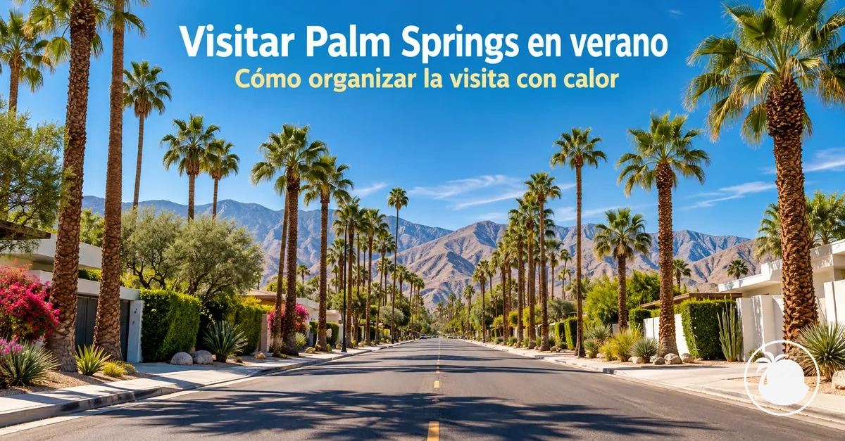 Sol intenso de verano sobre una calle bordeada de palmeras en Palm Springs