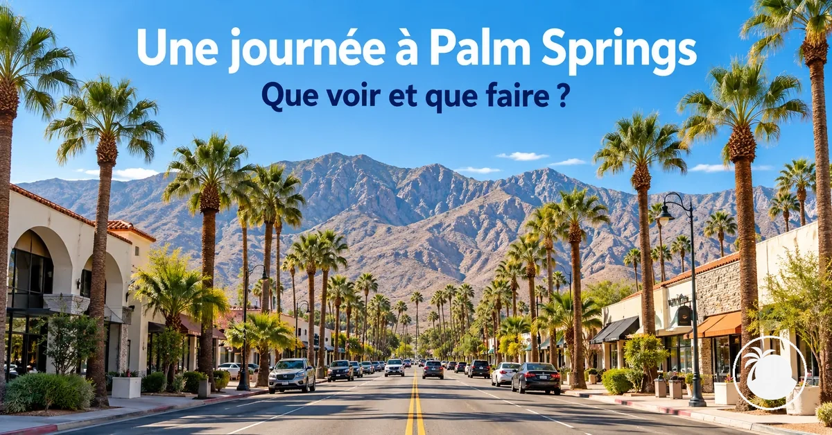 Rue bordée de palmiers dans le centre-ville de Palm Springs, avec des montagnes en arrière-plan