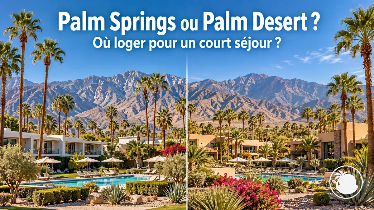 Palmiers et bâtiments de complexes hôteliers devant les montagnes de la vallée de Coachella