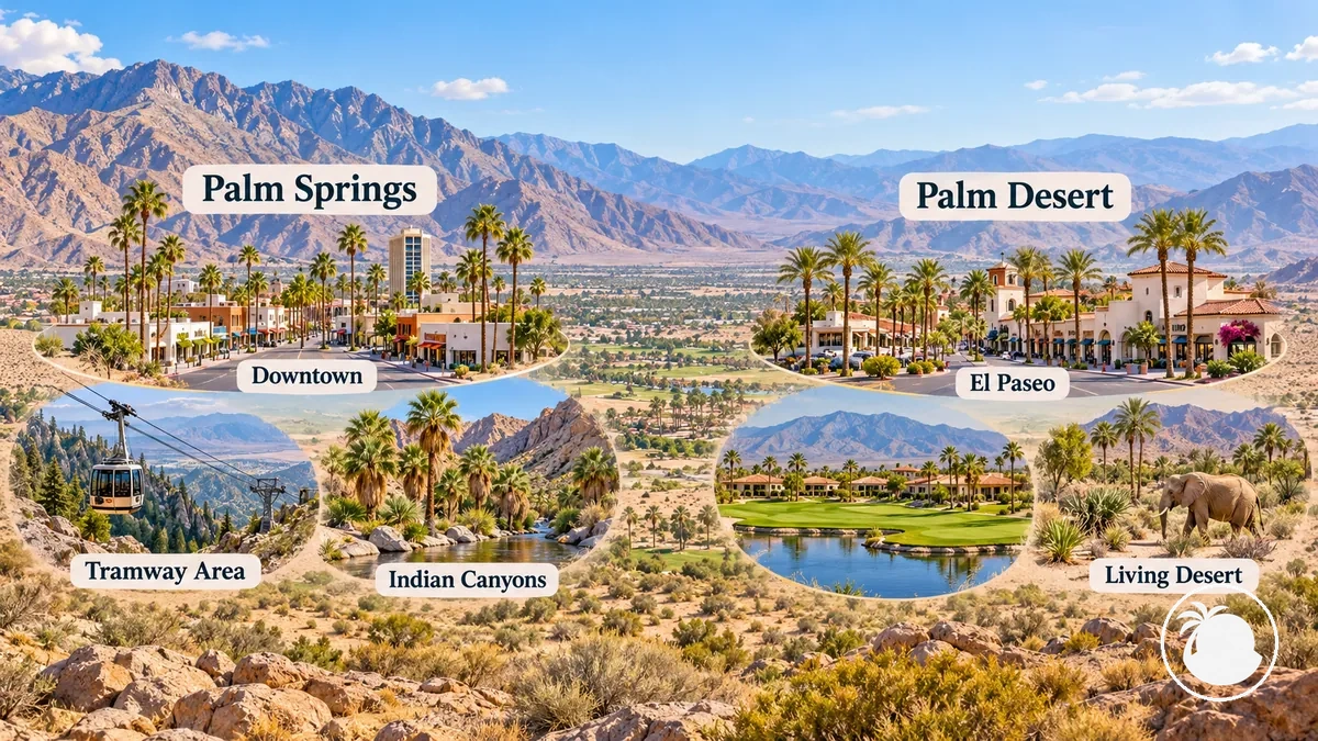 Palm Springs et Palm Desert avec des zones touristiques et attractions représentatives à proximité