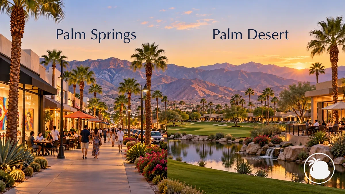 Centre-ville de Palm Springs et complexe hôtelier paysager à Palm Desert devant les montagnes du désert