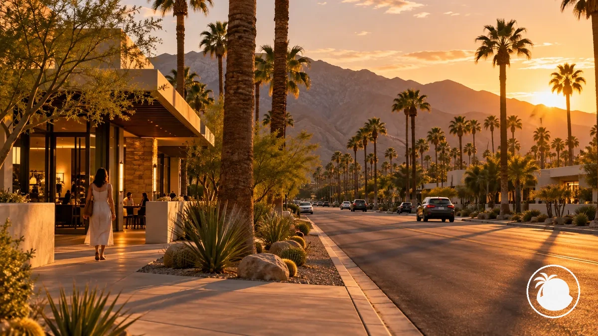 Rue de Palm Springs au coucher du soleil lors d'une soirée estivale chaude, avec des palmiers et la lumière du désert