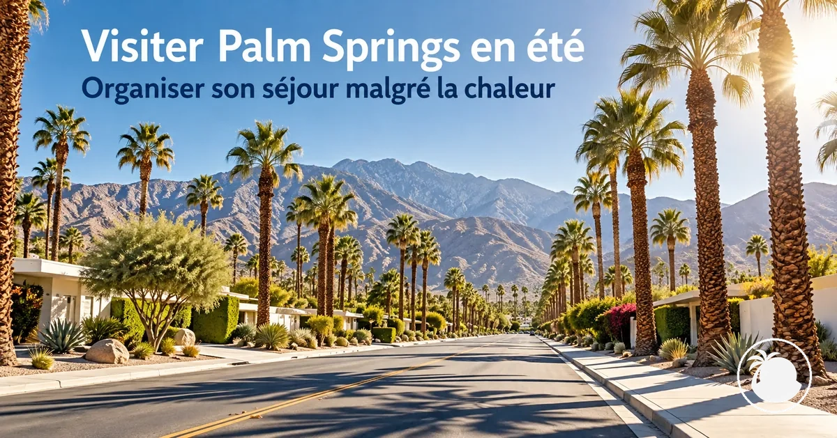 Soleil estival intense au-dessus d’une rue bordée de palmiers à Palm Springs