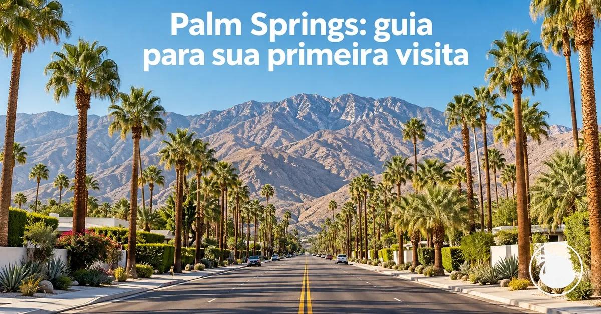 Rua ladeada por palmeiras em Palm Springs, com montanhas ao fundo