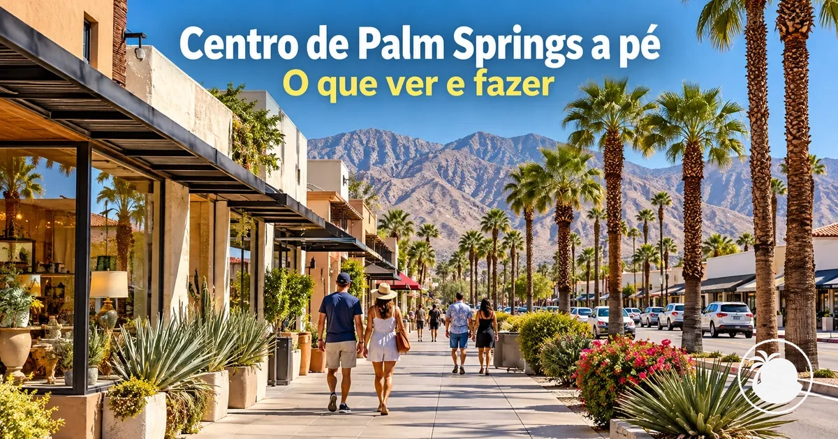 Lojas e palmeiras em uma rua do centro de Palm Springs adequada para caminhar