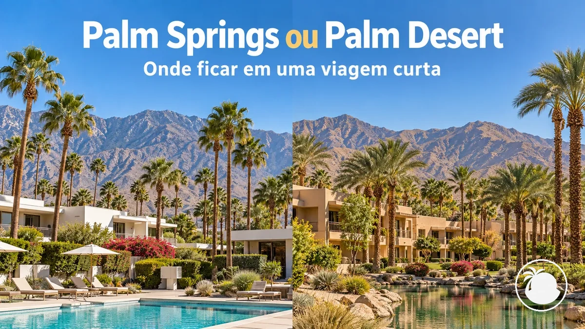 Palmeiras e prédios de resorts diante das montanhas do Vale de Coachella