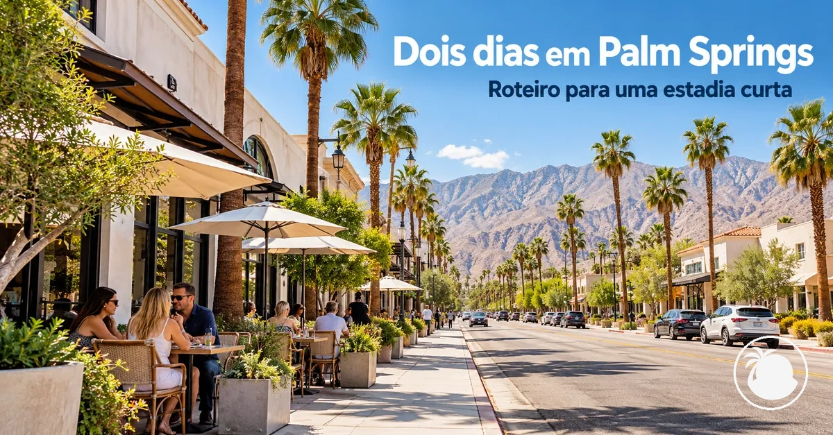 Cafés ao ar livre e palmeiras em uma rua de Palm Springs