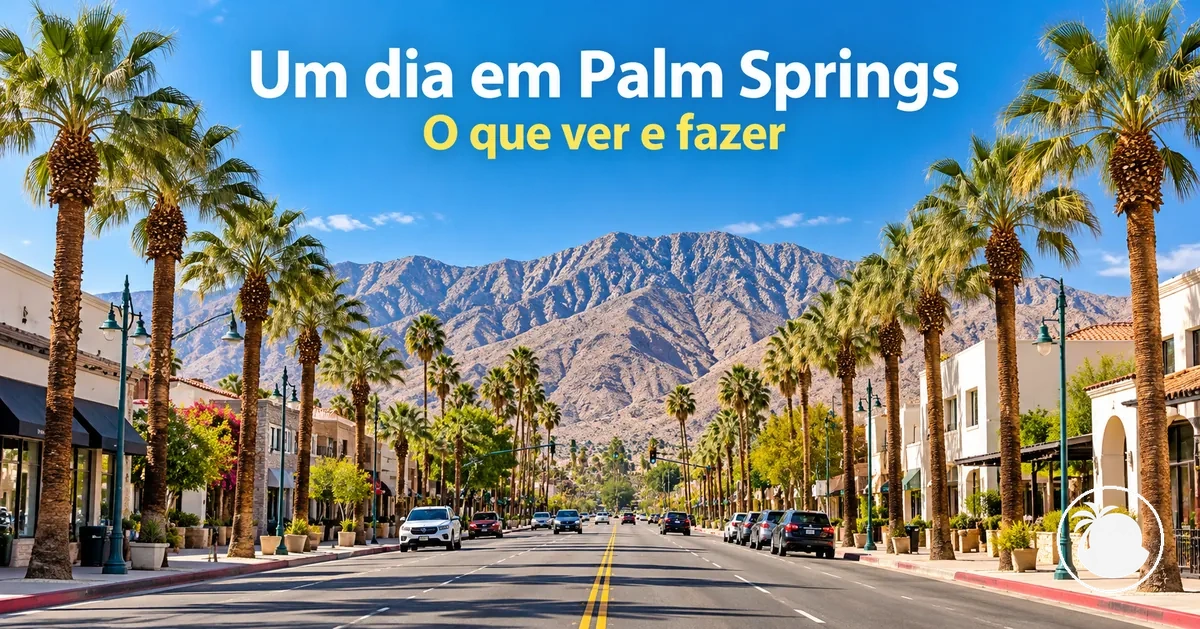 Rua do centro de Palm Springs ladeada por palmeiras, com montanhas ao fundo