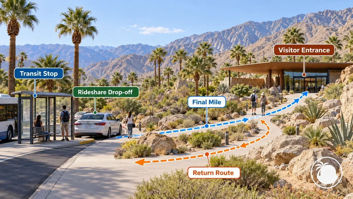 Exemplo anotado de acesso a uma atração em Palm Springs mostrando ponto de desembarque, trecho final, entrada de visitantes e rota de volta