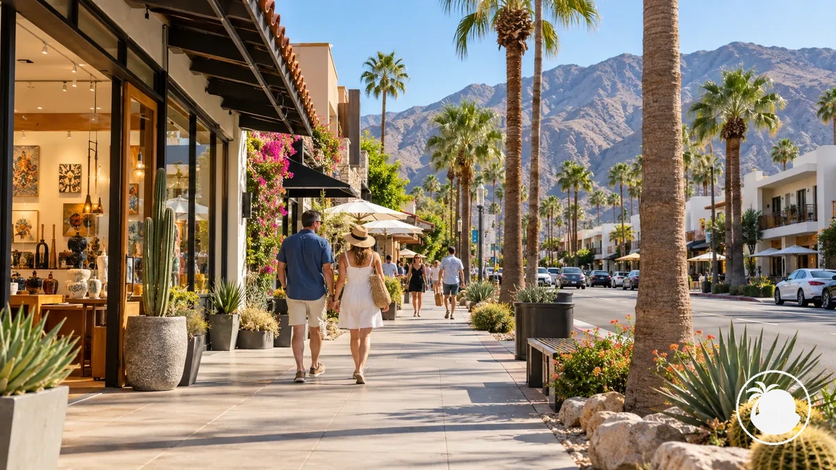 Rua de Downtown Palm Springs com calçadas para pedestres, restaurantes, lojas e hospedagem próxima