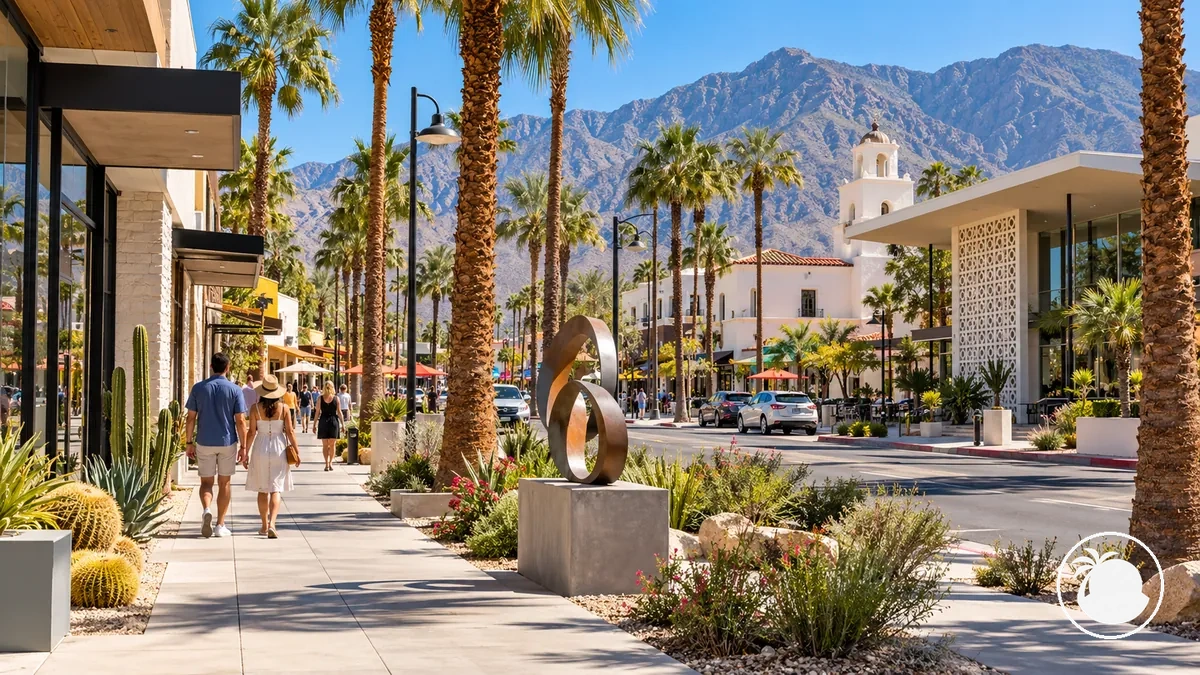 Ruas caminháveis do centro de Palm Springs com lojas e palmeiras