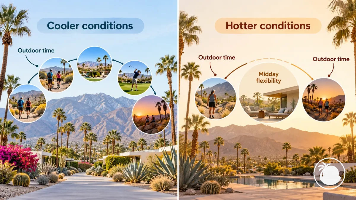 Gráfico comparativo mostrando como condições mais amenas e mais quentes em Palm Springs podem alterar o horário das atividades ao ar livre e o ritmo diário