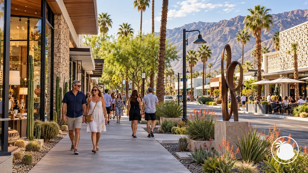 Paisagem urbana caminhável do centro de Palm Springs com pedestres, vitrines e pontos culturais perto da Palm Canyon Drive.