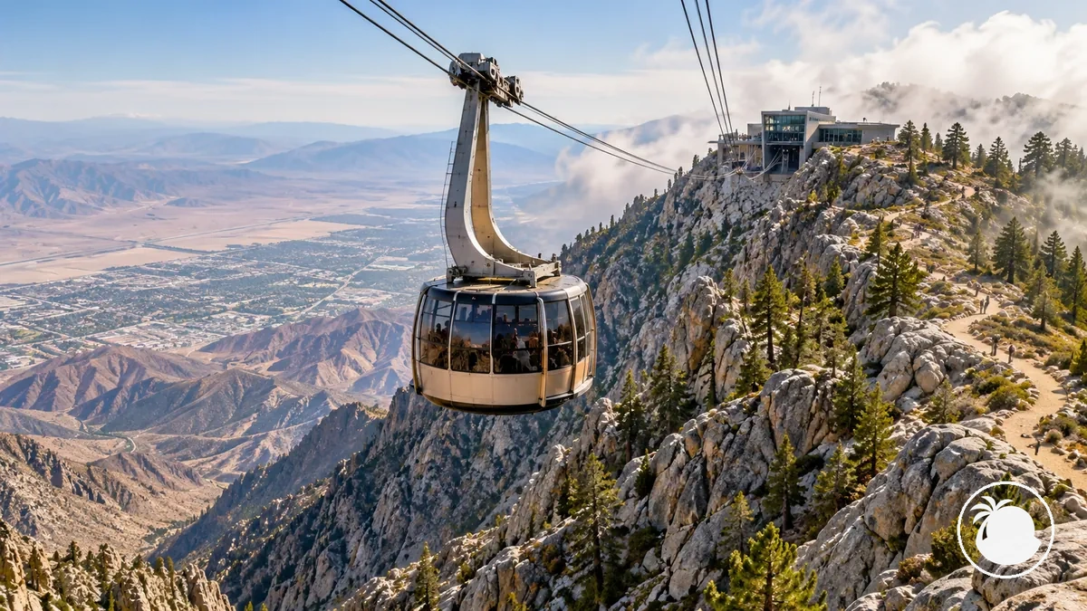Cabine do Teleférico de Palm Springs percorrendo terreno montanhoso
