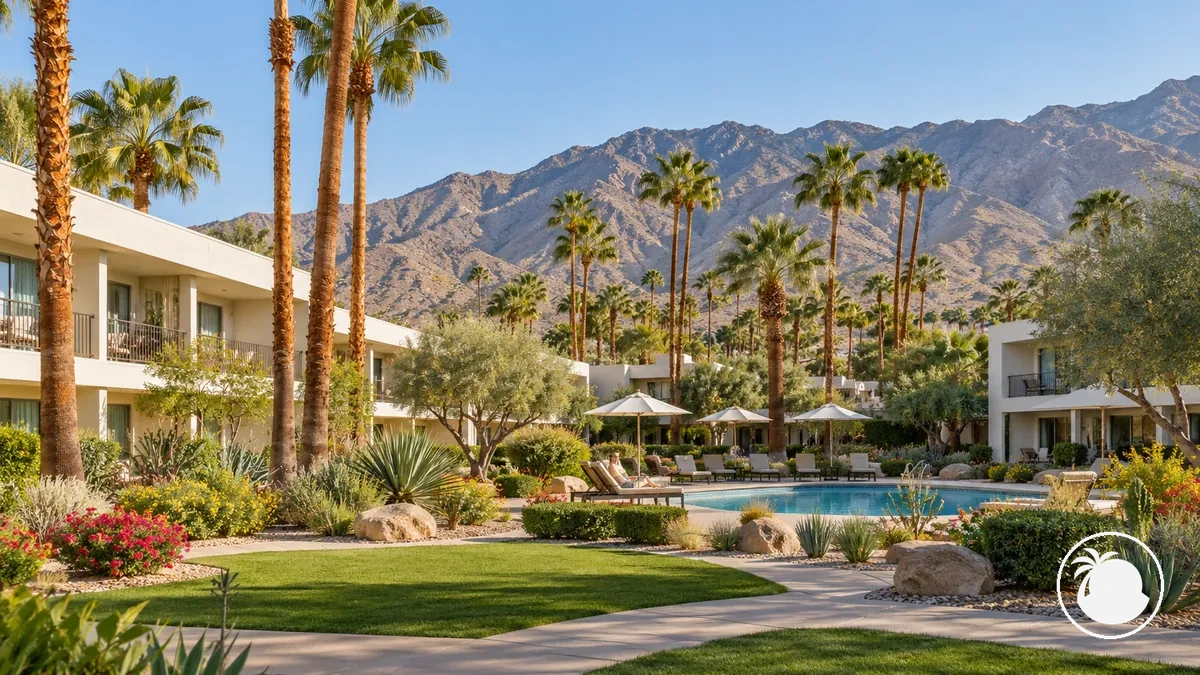 Hospedagem baixa em Palm Springs com espaço aberto, entorno paisagístico, palmeiras e pouca atividade na rua
