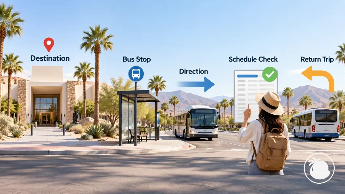 Verificação passo a passo de um trajeto da SunLine mostrando destino, parada de ônibus, direção, horário e serviço de volta