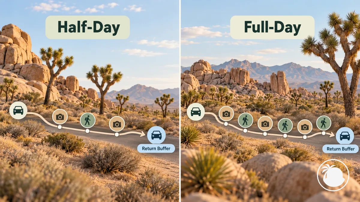 Gráfico comparativo mostrando o escopo relativo de atividade de um passeio de meio período e de um dia inteiro a Joshua Tree saindo de Palm Springs