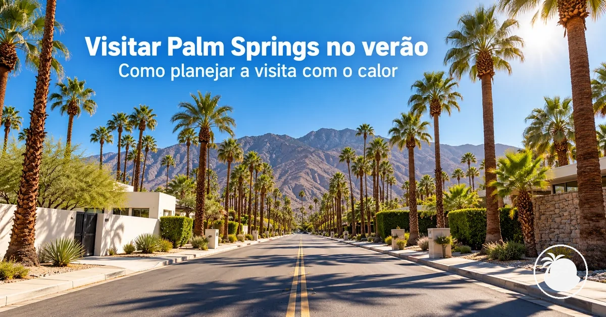 Sol forte de verão sobre uma rua ladeada por palmeiras em Palm Springs