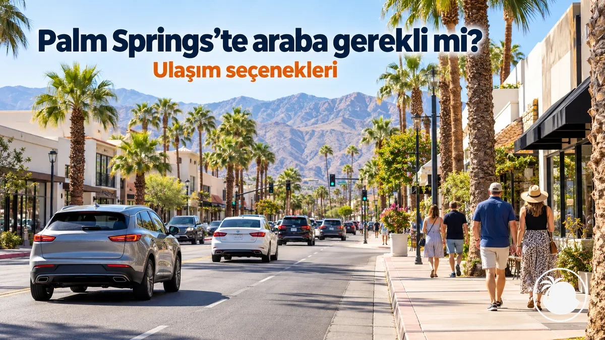 Palm Springs şehir merkezindeki bir sokakta otomobiller ve yayalar