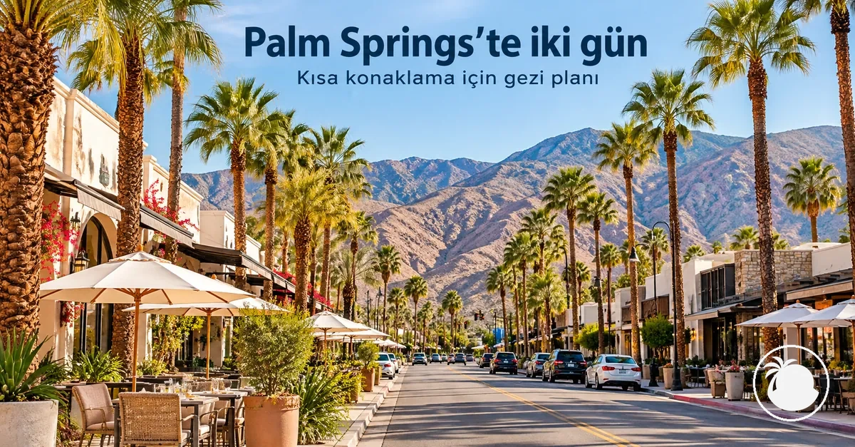 Palm Springs'te bir cadde boyunca uzanan açık hava kafeleri ve palmiye ağaçları