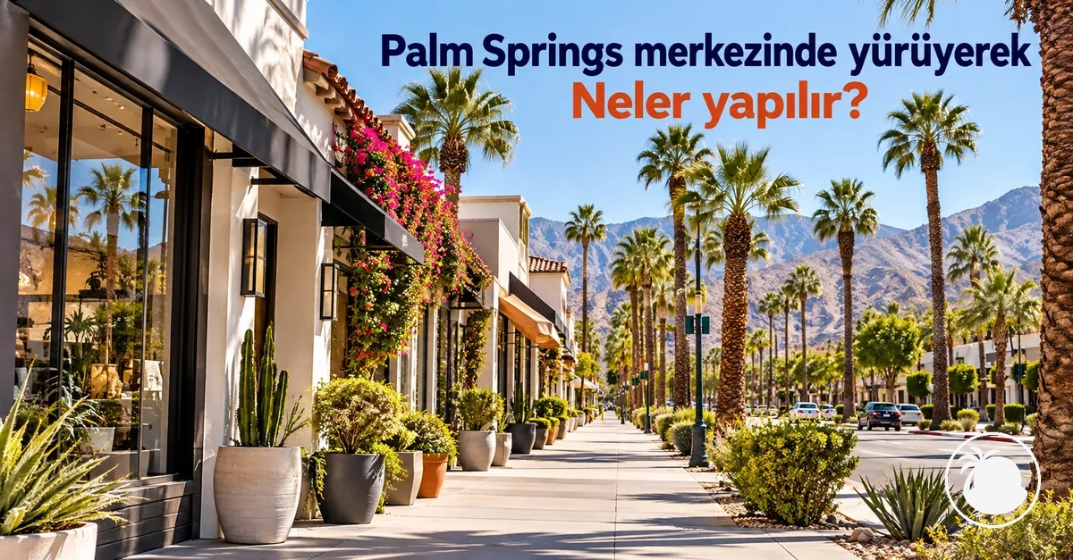 Palm Springs şehir merkezinde yürünebilir bir cadde boyunca sıralanan mağazalar ve palmiye ağaçları.