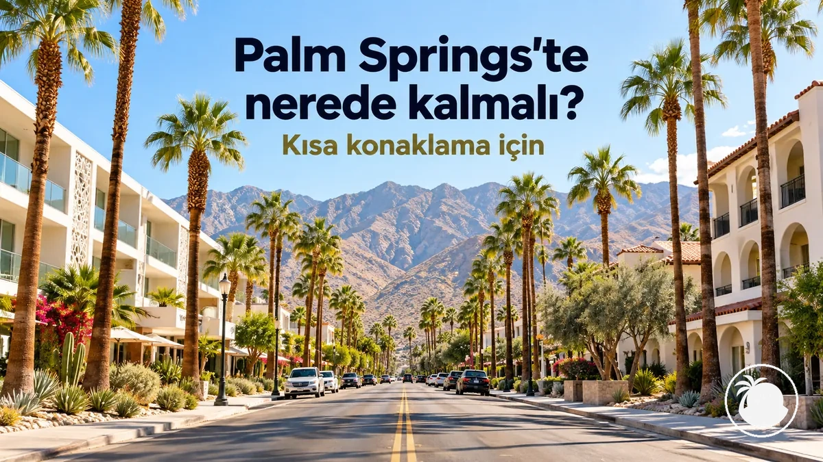 Palm Springs şehir merkezinde otellerin yakınındaki palmiye ağaçlı sokak