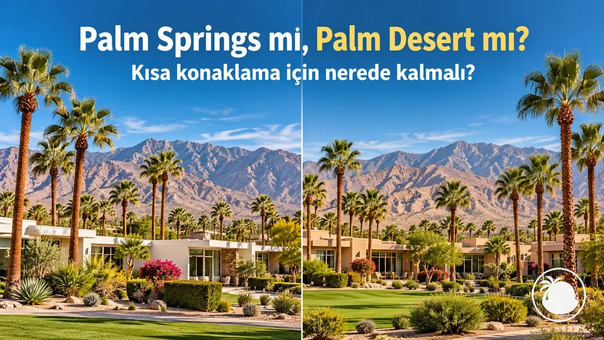 Coachella Vadisi'nde dağların önünde palmiye ağaçları ve resort binaları