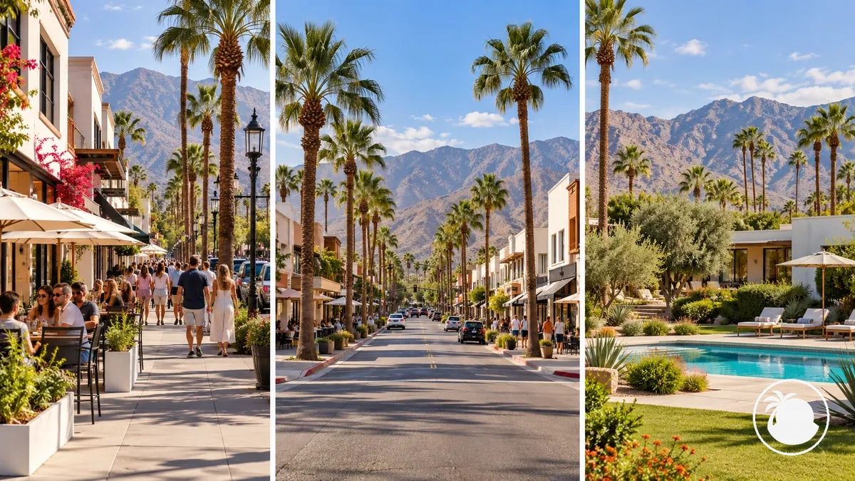 Merkezi, Uptown ve daha sakin konaklama ortamlarını gösteren Palm Springs sokak görünümleri