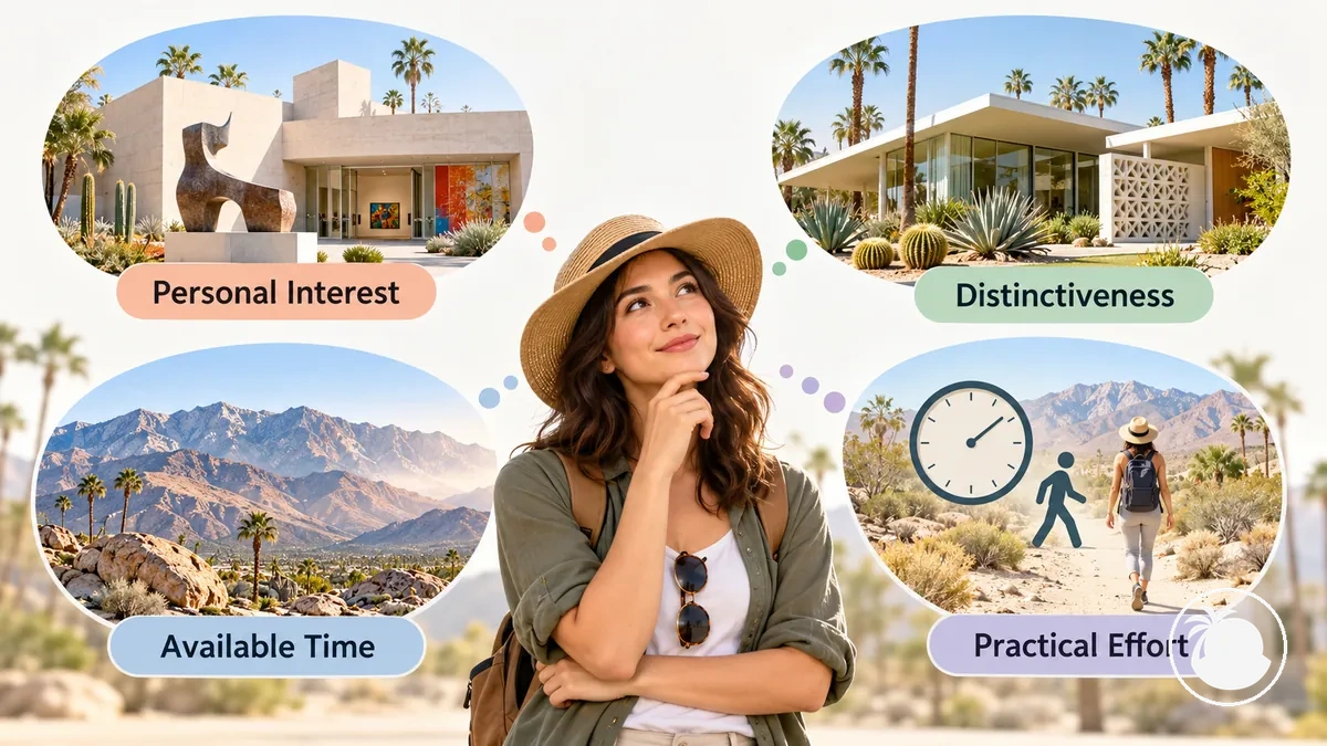 Palm Springs cazibe merkezi seçeneklerinin ilgi, zaman ve ulaşım çabasına göre dengelenmesini gösteren görsel