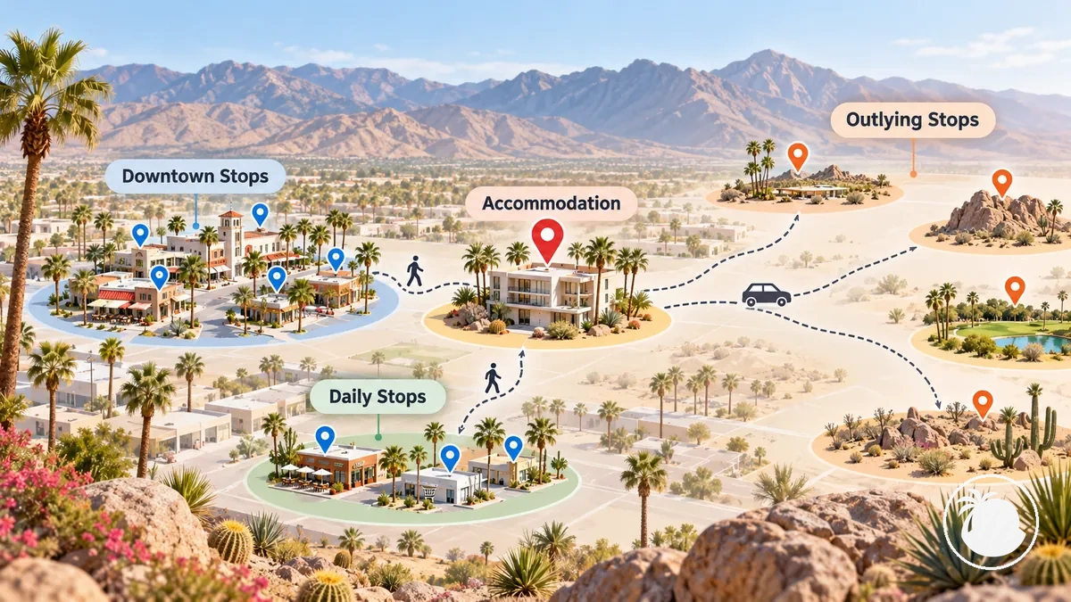 Palm Springs'te merkezi konaklama ile yakın ve dağınık durakların gösterimi
