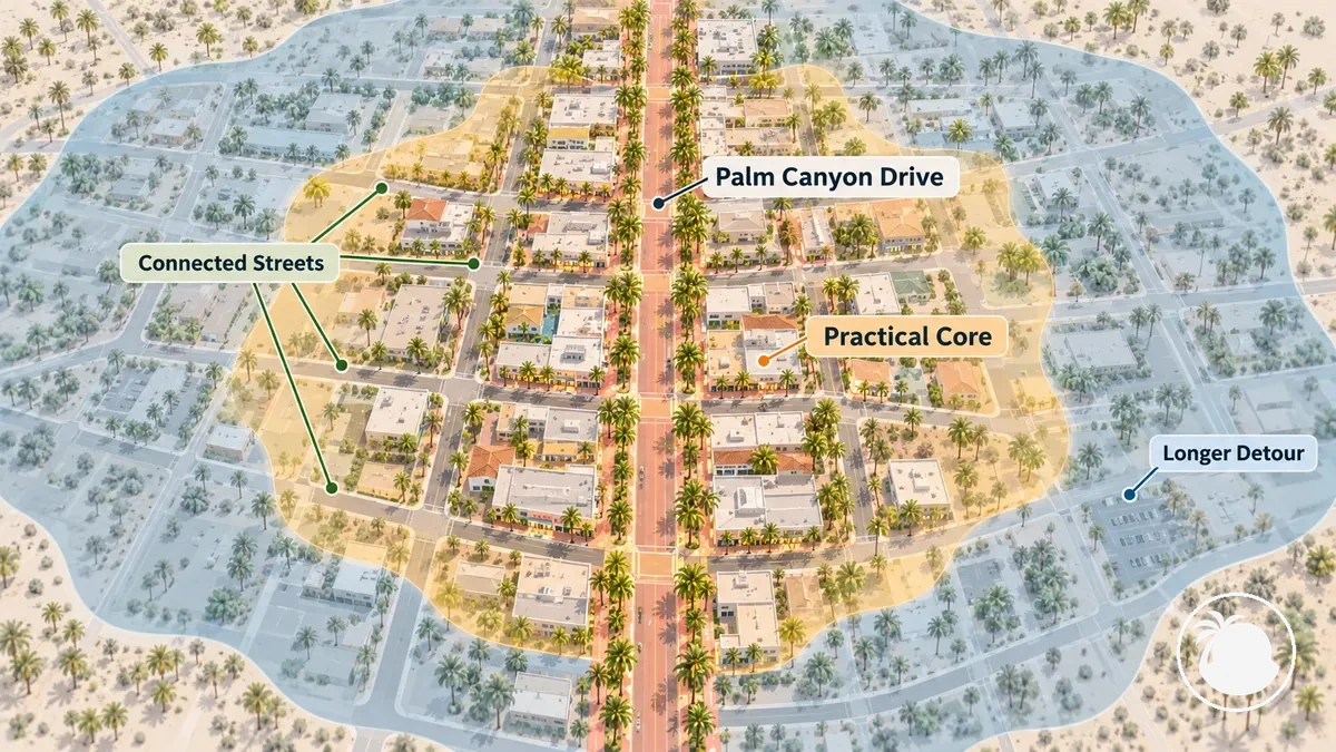 Palm Canyon Drive çevresindeki pratik yürünebilir Palm Springs şehir merkezi çekirdeğini ve yakındaki bağlantılı sokakları gösteren şematik görünüm.