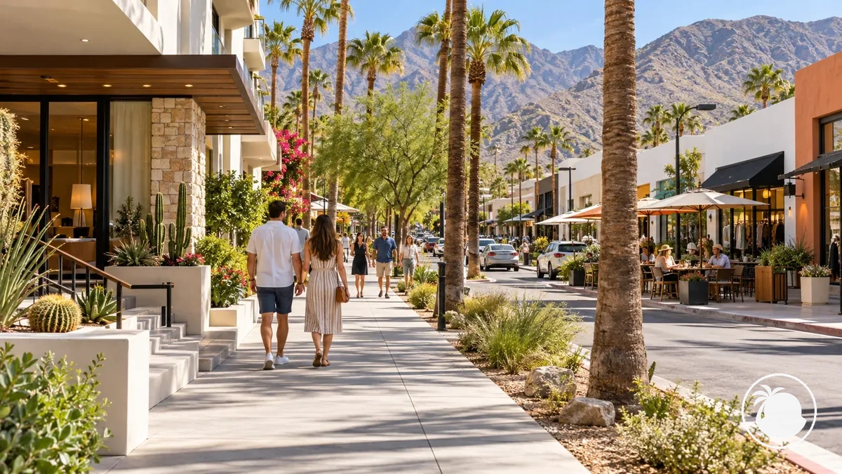 Konaklama, restoranlar, mağazalar ve kesintisiz yürüme erişimi içeren Palm Springs yaya caddesi görünümü