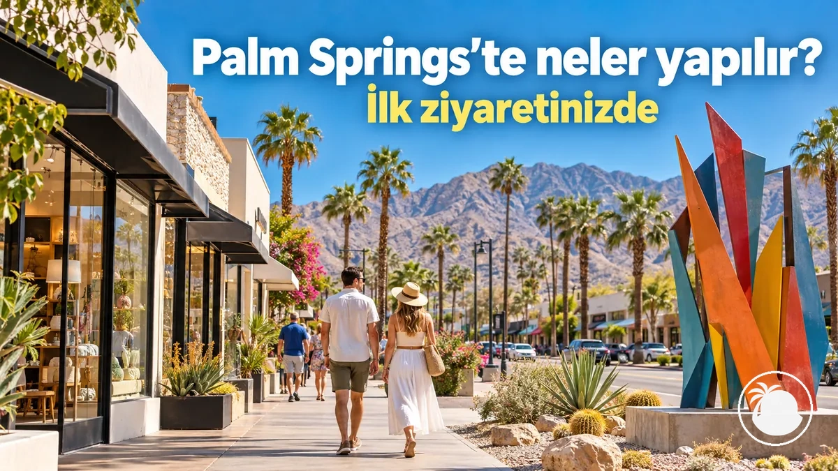 Palm Springs'te mağazaların ve kamusal sanat eserlerinin önünde yürüyen ziyaretçiler
