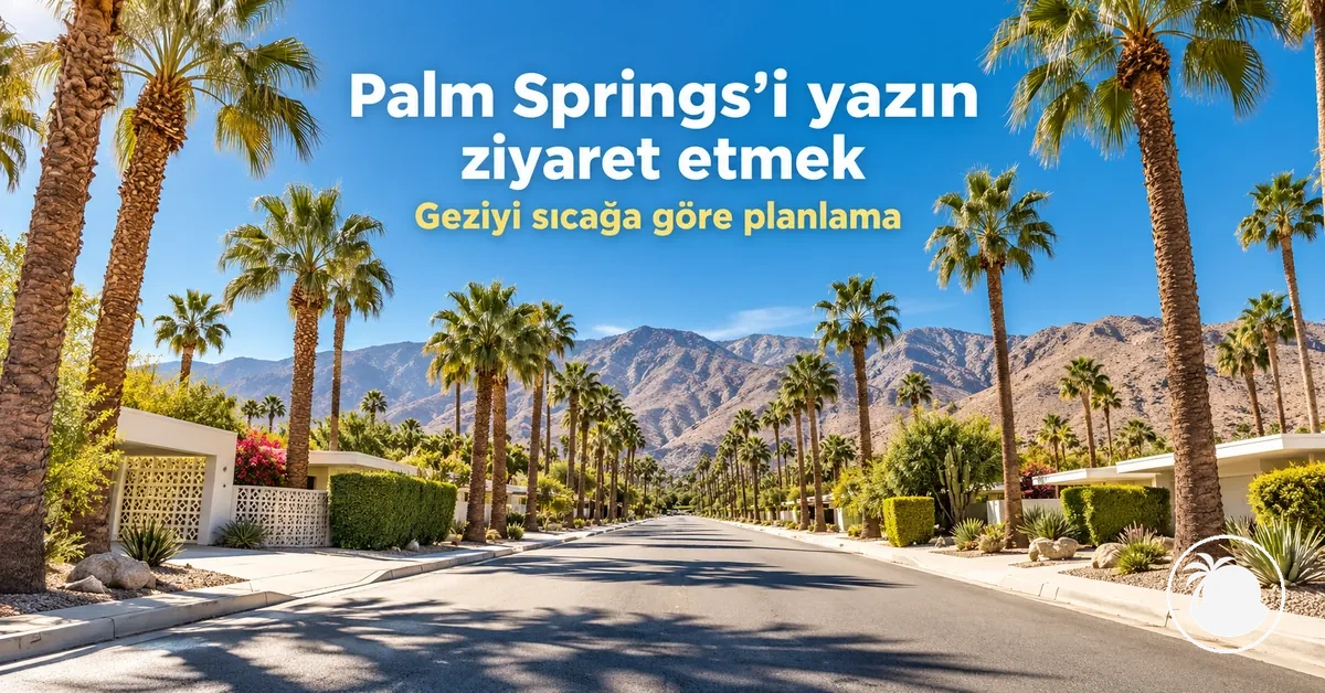 Palm Springs'te palmiye ağaçlarıyla çevrili bir sokakta parlak yaz güneşi